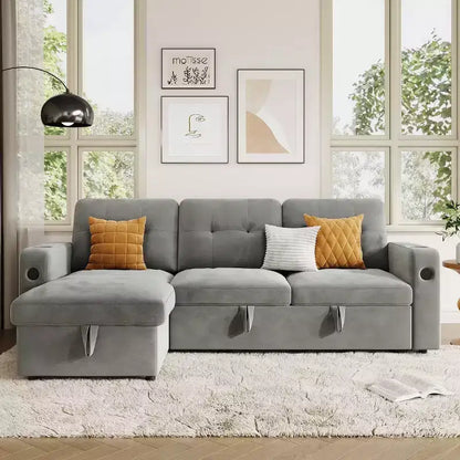 COZONY 84 Canapé-lit avec rangement, Canapé-lit sectionnel convertible en velours avec lumières LED, méridienne réversible et lit gigogne pour salon
