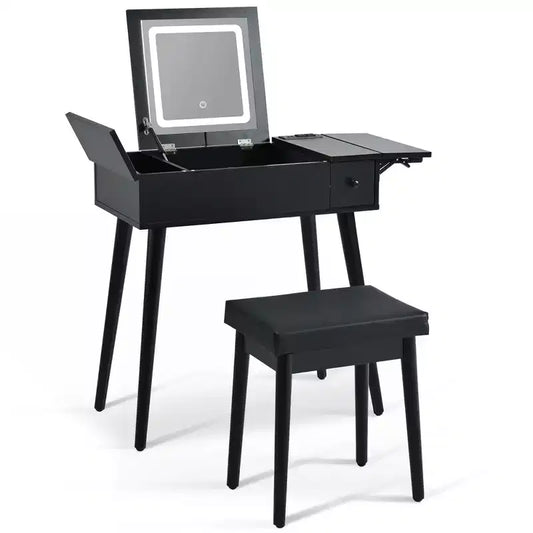 Coiffeuse moderne Okak avec miroir rabattable, table de maquillage avec station de charge et panneau pliable, coiffeuse compacte pour chambre à coucher, noir