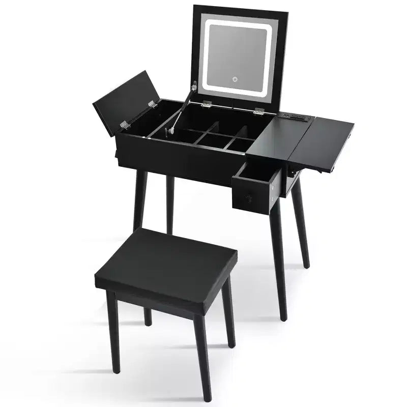 Coiffeuse moderne Okak avec miroir rabattable, table de maquillage avec station de charge et panneau pliable, coiffeuse compacte pour chambre à coucher, noir