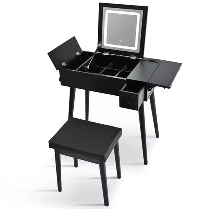Coiffeuse moderne Okak avec miroir rabattable, table de maquillage avec station de charge et panneau pliable, coiffeuse compacte pour chambre à coucher, noir