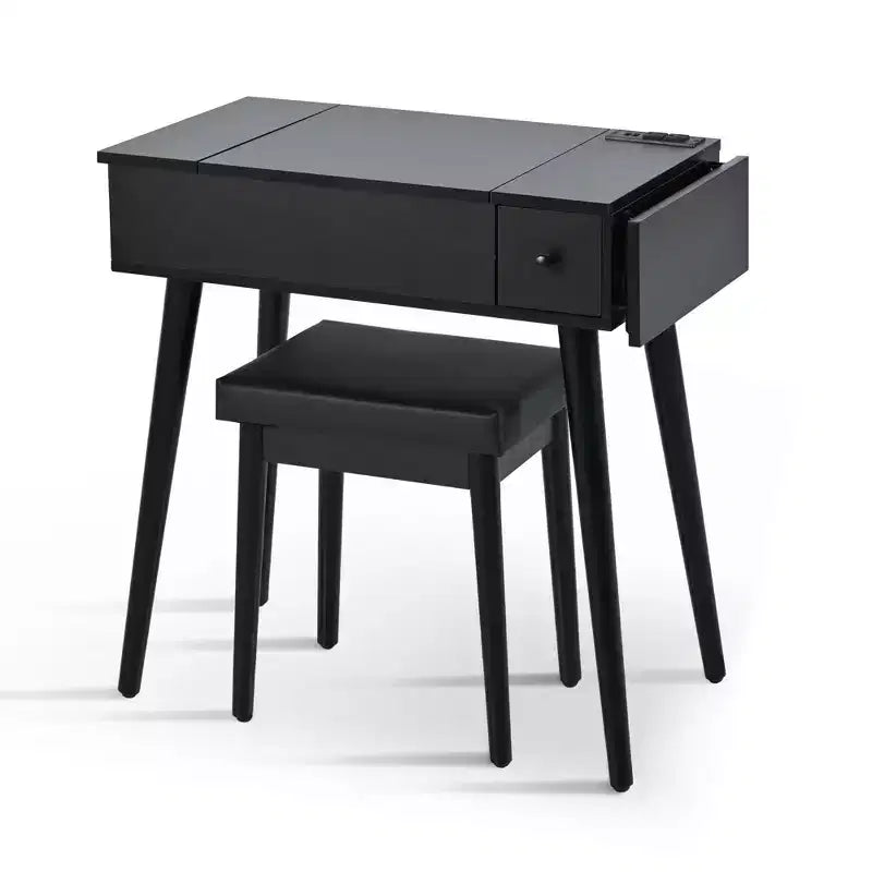 Coiffeuse moderne Okak avec miroir rabattable, table de maquillage avec station de charge et panneau pliable, coiffeuse compacte pour chambre à coucher, noir