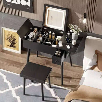Coiffeuse moderne Okak avec miroir rabattable, table de maquillage avec station de charge et panneau pliable, coiffeuse compacte pour chambre à coucher, noir