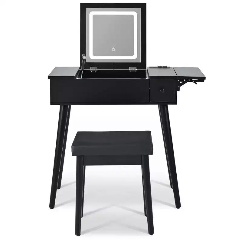 Coiffeuse moderne Okak avec miroir rabattable, table de maquillage avec station de charge et panneau pliable, coiffeuse compacte pour chambre à coucher, noir