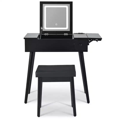 Coiffeuse moderne Okak avec miroir rabattable, table de maquillage avec station de charge et panneau pliable, coiffeuse compacte pour chambre à coucher, noir