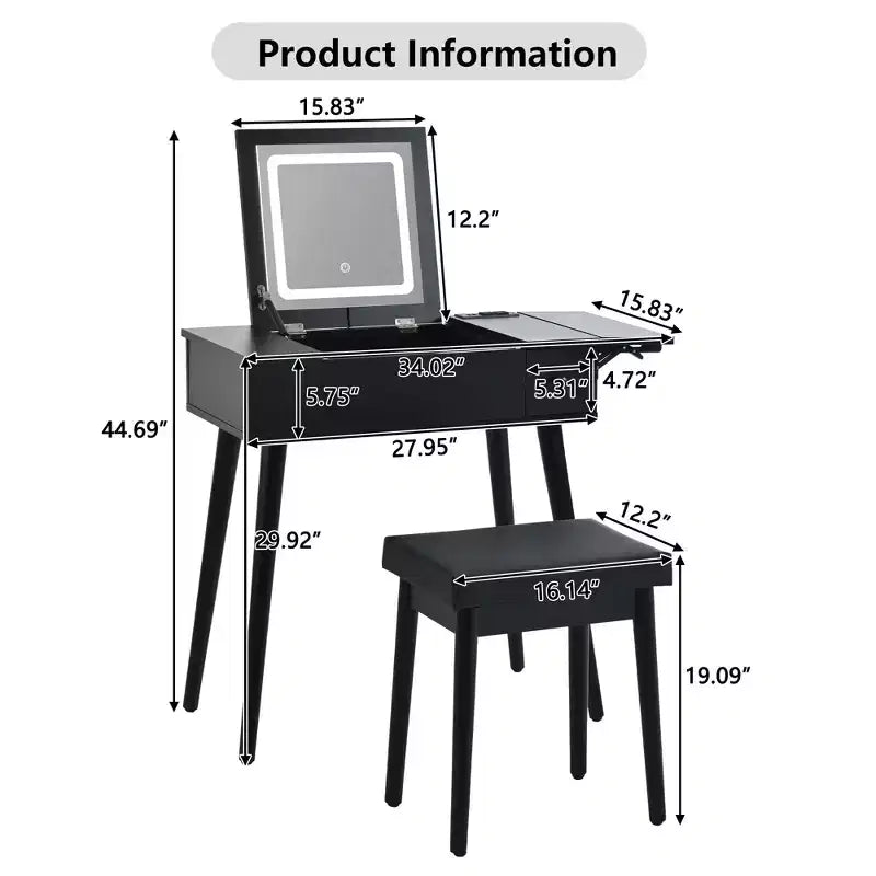 Coiffeuse moderne Okak avec miroir rabattable, table de maquillage avec station de charge et panneau pliable, coiffeuse compacte pour chambre à coucher, noir