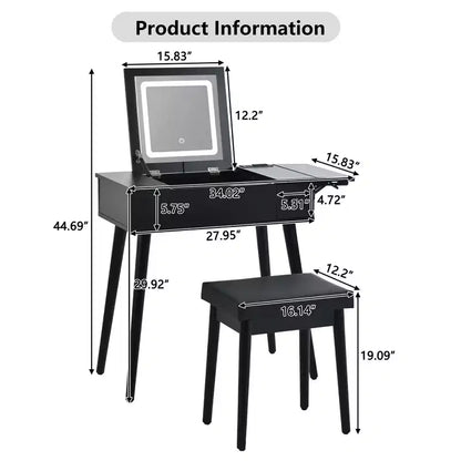 Coiffeuse moderne Okak avec miroir rabattable, table de maquillage avec station de charge et panneau pliable, coiffeuse compacte pour chambre à coucher, noir