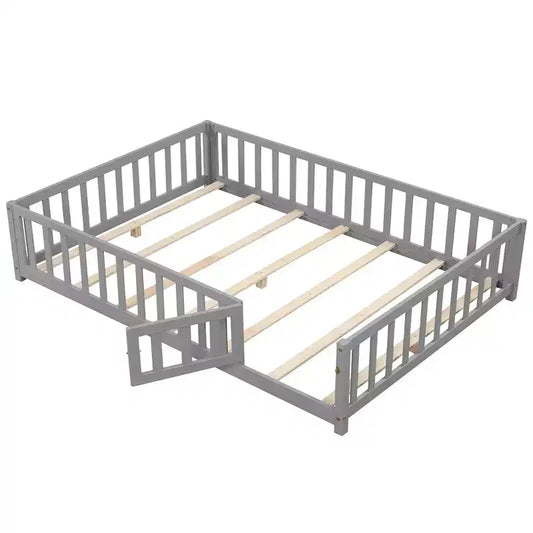 Costway Full Size Floor Bed Montessori Bed Frame w/ Full-length Guardrails & Safety Door Gray