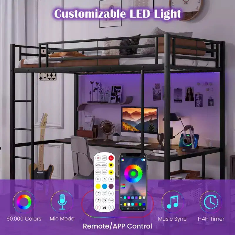 Cadre de lit double Costway avec LED, tête de lit rembourrée et 4 tiroirs avec station de charge