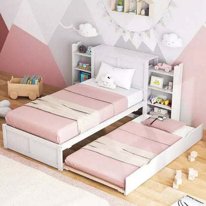 Lit plateforme en bois Costway double/simple avec lit gigogne, tête de lit de rangement et étagères coulissantes, blanc