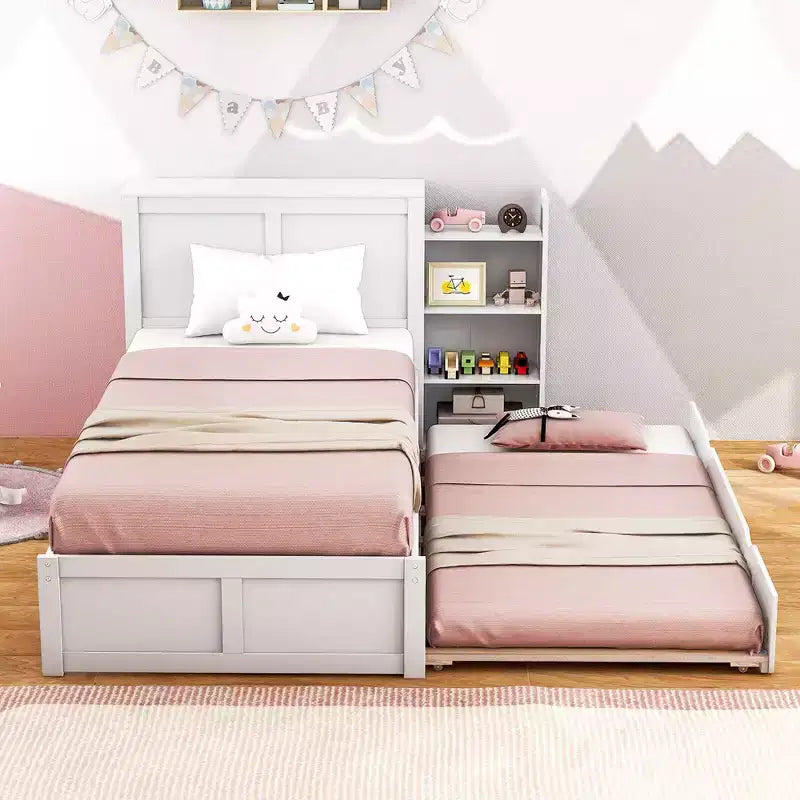 Lit plateforme en bois Costway double/simple avec lit gigogne, tête de lit de rangement et étagères coulissantes, blanc