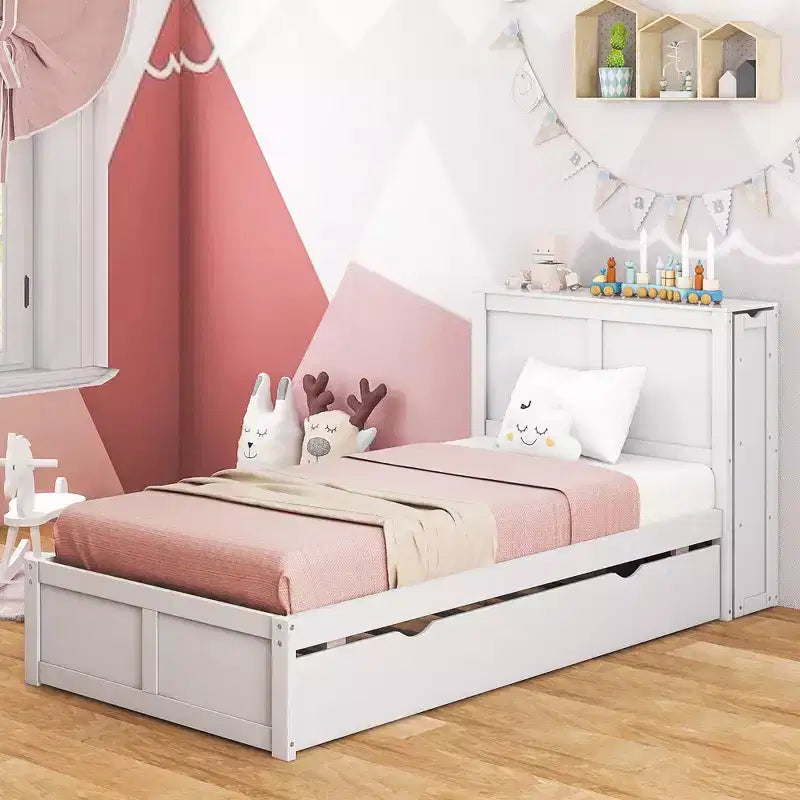 Lit plateforme en bois Costway double/simple avec lit gigogne, tête de lit de rangement et étagères coulissantes, blanc