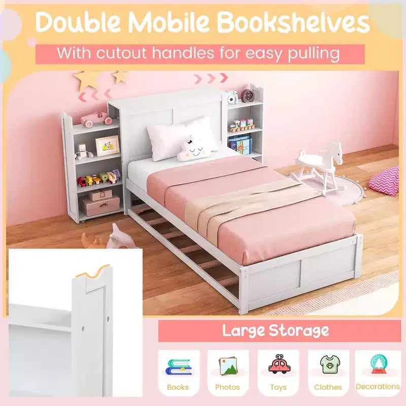 Lit plateforme en bois Costway double/simple avec lit gigogne, tête de lit de rangement et étagères coulissantes, blanc