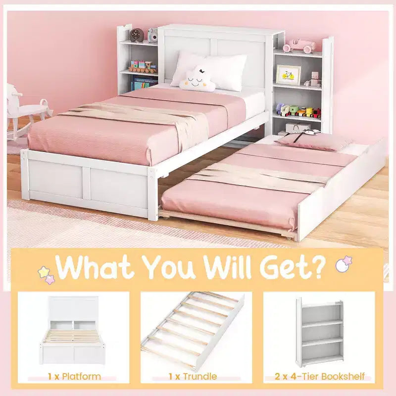 Lit plateforme en bois Costway double/simple avec lit gigogne, tête de lit de rangement et étagères coulissantes, blanc