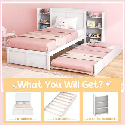 Lit plateforme en bois Costway double/simple avec lit gigogne, tête de lit de rangement et étagères coulissantes, blanc