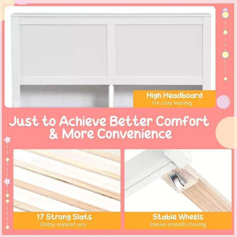 Lit plateforme en bois Costway double/simple avec lit gigogne, tête de lit de rangement et étagères coulissantes, blanc