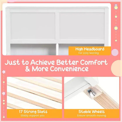 Lit plateforme en bois Costway double/simple avec lit gigogne, tête de lit de rangement et étagères coulissantes, blanc
