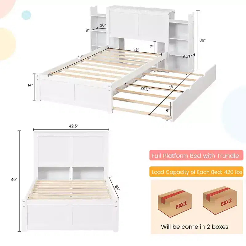 Lit plateforme en bois Costway double/simple avec lit gigogne, tête de lit de rangement et étagères coulissantes, blanc