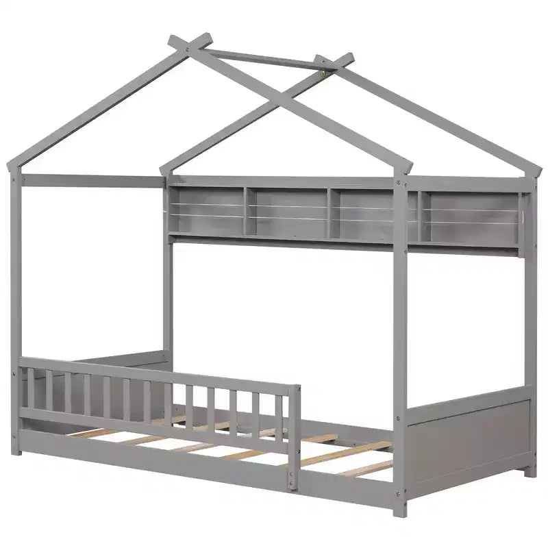 Costway Twin Size House Bed w/Storage Shelf Headboard & Guardrail Wooden Slat Support