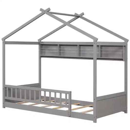 Costway Twin Size House Bed w/Storage Shelf Headboard & Guardrail Wooden Slat Support