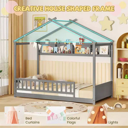 Lit cabane Costway une place avec tête de lit étagère de rangement et support à lattes en bois