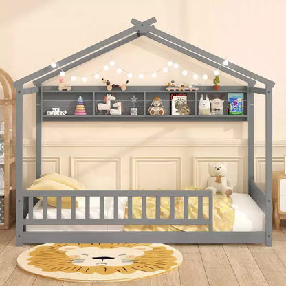 Lit cabane Costway une place avec tête de lit étagère de rangement et support à lattes en bois