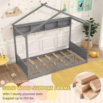 Lit cabane Costway une place avec tête de lit étagère de rangement et support à lattes en bois