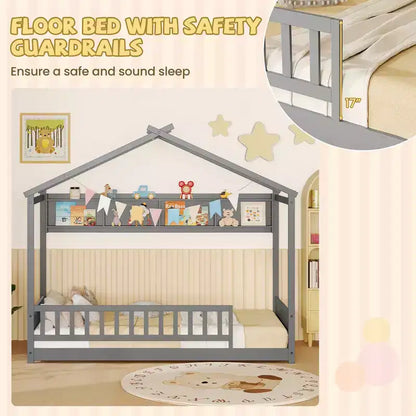 Lit cabane Costway une place avec tête de lit étagère de rangement et support à lattes en bois