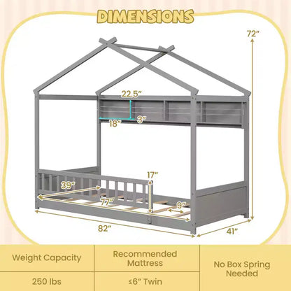Lit cabane Costway une place avec tête de lit étagère de rangement et support à lattes en bois