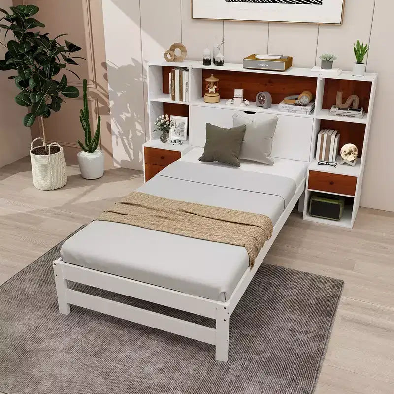 Cadre de lit double Costway avec tête de lit de rangement et tables de chevet 7 compartiments 3 tiroirs