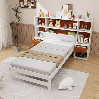 Cadre de lit double Costway avec tête de lit de rangement et tables de chevet 7 compartiments 3 tiroirs