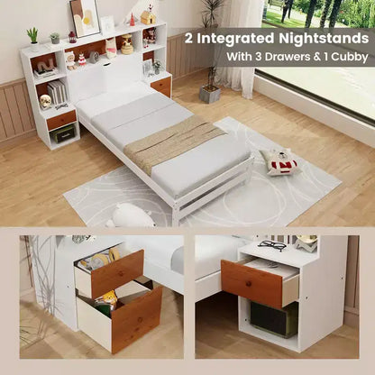 Cadre de lit double Costway avec tête de lit de rangement et tables de chevet 7 compartiments 3 tiroirs