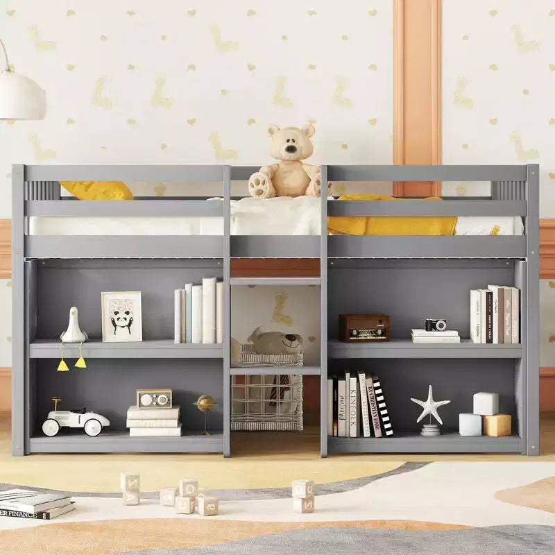 Lit mezzanine double plateforme, barrière de sécurité pleine longueur, support à lattes en bois, échelle intégrée, 2 étagères, bande lumineuse à LED ; taille unique pour salle de jeux