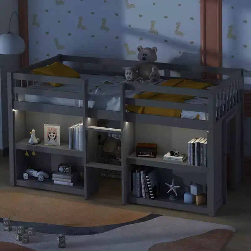 Lit mezzanine double plateforme, barrière de sécurité pleine longueur, support à lattes en bois, échelle intégrée, 2 étagères, bande lumineuse à LED ; taille unique pour salle de jeux