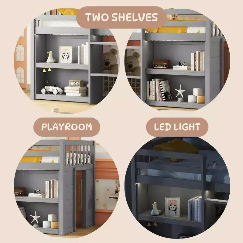 Lit mezzanine double plateforme, barrière de sécurité pleine longueur, support à lattes en bois, échelle intégrée, 2 étagères, bande lumineuse à LED ; taille unique pour salle de jeux