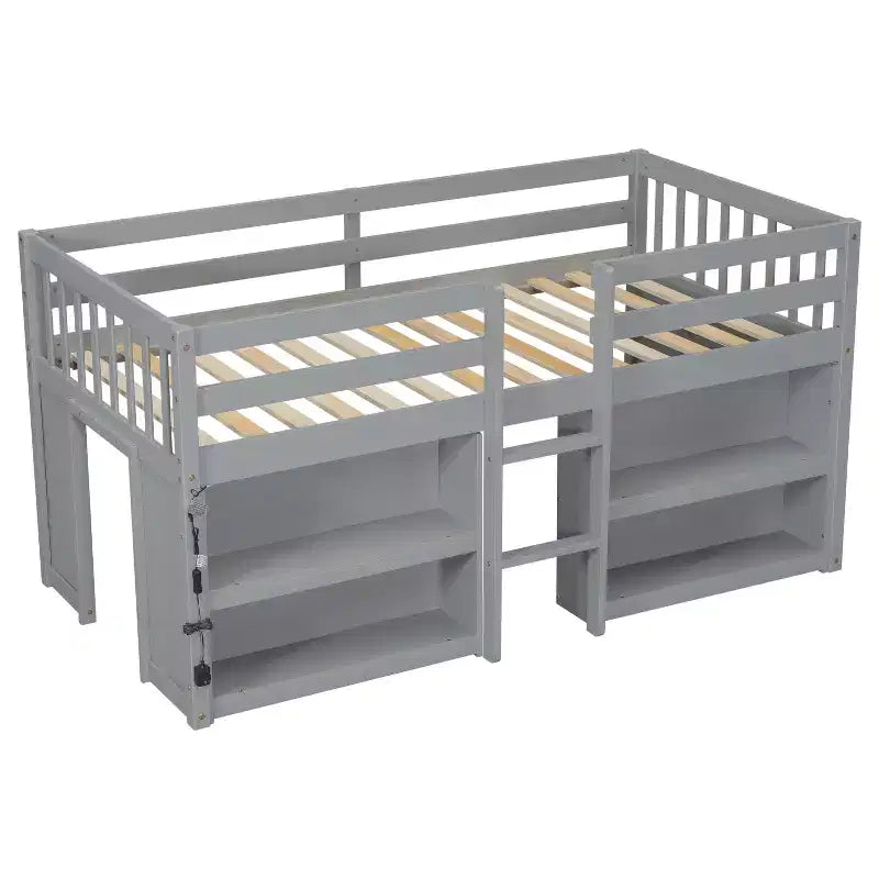 Lit mezzanine double plateforme, barrière de sécurité pleine longueur, support à lattes en bois, échelle intégrée, 2 étagères, bande lumineuse à LED ; taille unique pour salle de jeux