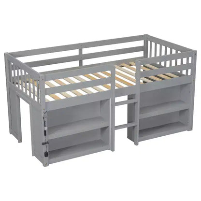 Lit mezzanine double plateforme, barrière de sécurité pleine longueur, support à lattes en bois, échelle intégrée, 2 étagères, bande lumineuse à LED ; taille unique pour salle de jeux