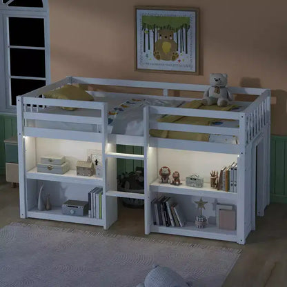 Lit mezzanine double plateforme, barrière de sécurité pleine longueur, support à lattes en bois, échelle intégrée, 2 étagères, bande lumineuse à LED ; taille unique pour salle de jeux