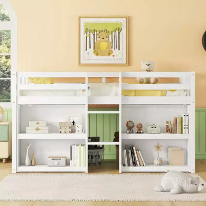 Lit mezzanine double plateforme, barrière de sécurité pleine longueur, support à lattes en bois, échelle intégrée, 2 étagères, bande lumineuse à LED ; taille unique pour salle de jeux