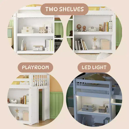 Lit mezzanine double plateforme, barrière de sécurité pleine longueur, support à lattes en bois, échelle intégrée, 2 étagères, bande lumineuse à LED ; taille unique pour salle de jeux