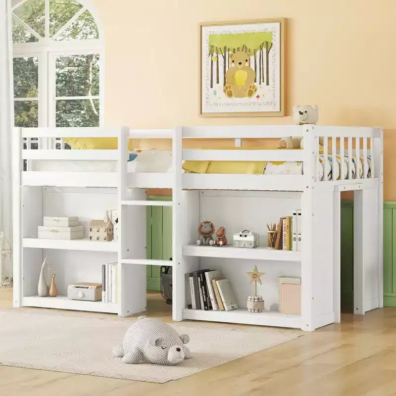 Lit mezzanine double plateforme, barrière de sécurité pleine longueur, support à lattes en bois, échelle intégrée, 2 étagères, bande lumineuse à LED ; taille unique pour salle de jeux