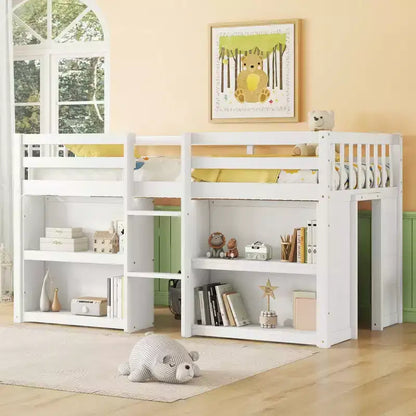 Lit mezzanine double plateforme, barrière de sécurité pleine longueur, support à lattes en bois, échelle intégrée, 2 étagères, bande lumineuse à LED ; taille unique pour salle de jeux