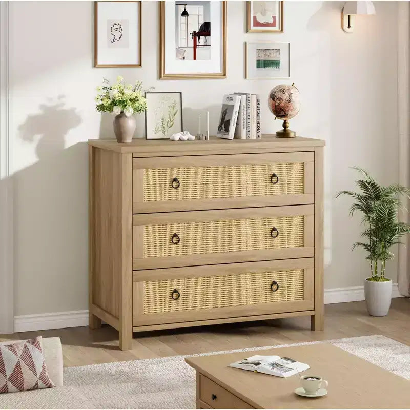 Rattan Dresser, Boho Chest of Drawers, Wooden Chest with Clothes Storage Cabinet, Drawer Organizer for Bedroom, Living Room, Hallway, Natural Oak