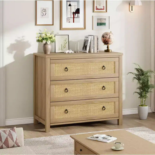 Rattan Dresser, Boho Chest of Drawers, Wooden Chest with Clothes Storage Cabinet, Drawer Organizer for Bedroom, Living Room, Hallway, Natural Oak
