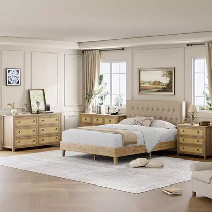 Commode en rotin, commode bohème, commode en bois avec armoire de rangement pour vêtements, organisateur de tiroirs pour chambre à coucher, salon, couloir, chêne naturel
