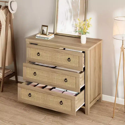 Commode en rotin, commode bohème, commode en bois avec armoire de rangement pour vêtements, organisateur de tiroirs pour chambre à coucher, salon, couloir, chêne naturel