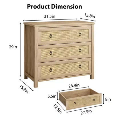 Commode en rotin, commode bohème, commode en bois avec armoire de rangement pour vêtements, organisateur de tiroirs pour chambre à coucher, salon, couloir, chêne naturel