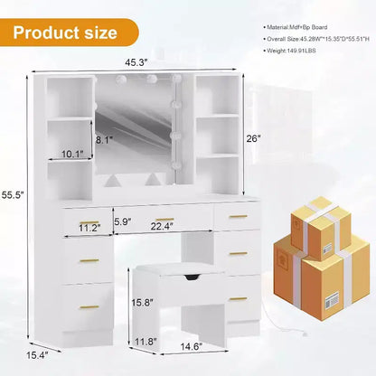 56Coiffeuse avec prise de courant et étagères de rangement, Table de maquillage de chambre à coucher avec 7 tiroirs pour femmes et filles, 3 modes d'éclairage