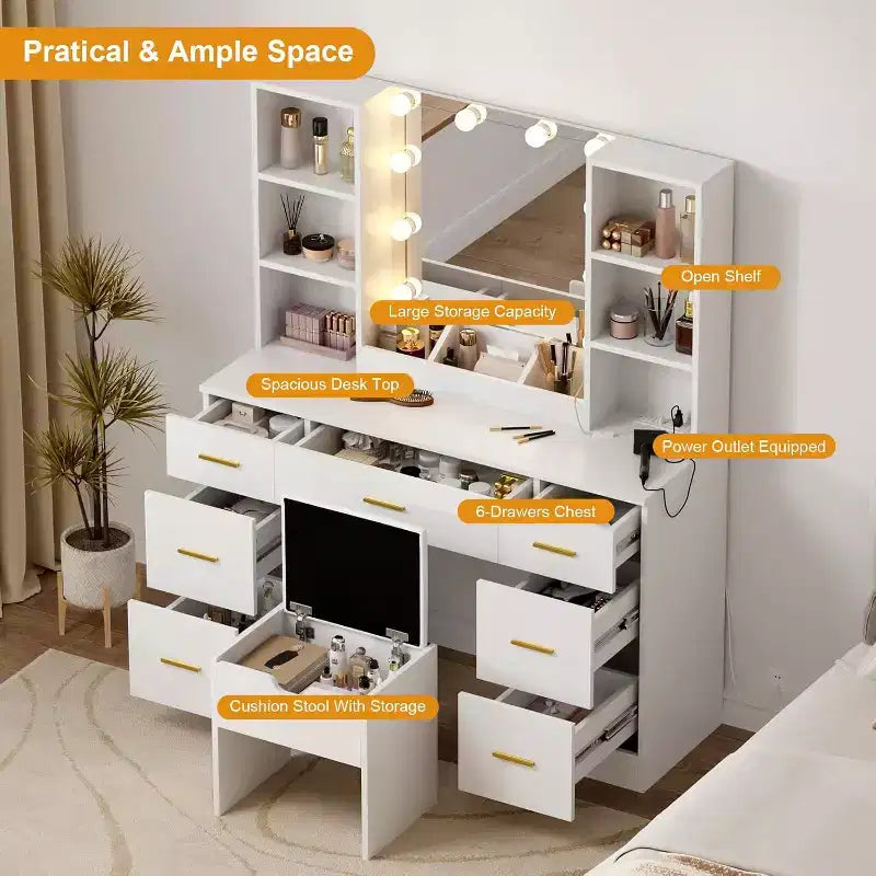 56Coiffeuse avec prise de courant et étagères de rangement, Table de maquillage de chambre à coucher avec 7 tiroirs pour femmes et filles, 3 modes d'éclairage