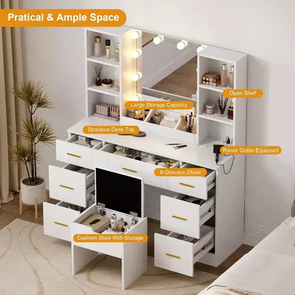 56Coiffeuse avec prise de courant et étagères de rangement, Table de maquillage de chambre à coucher avec 7 tiroirs pour femmes et filles, 3 modes d'éclairage