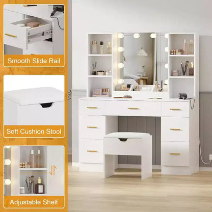 56Coiffeuse avec prise de courant et étagères de rangement, Table de maquillage de chambre à coucher avec 7 tiroirs pour femmes et filles, 3 modes d'éclairage